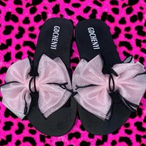 Women's Black and Pink Bow Slides
